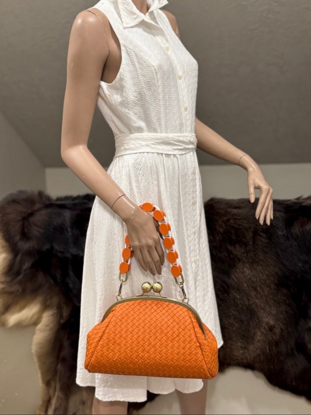 Orange Woven Leather Handmade Kisslock Bag, Vintage Cowhide Crossbody - Picture 6 of 16